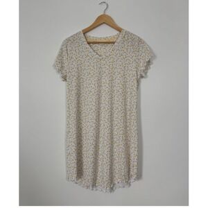 Laura Ashley Floral T-Shirt Dress Women Medium White Yellow Ribbed Lettuce Edge